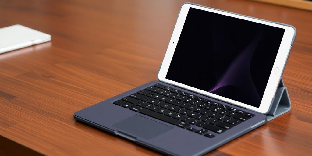 iPad keyboard case on a wooden desk.