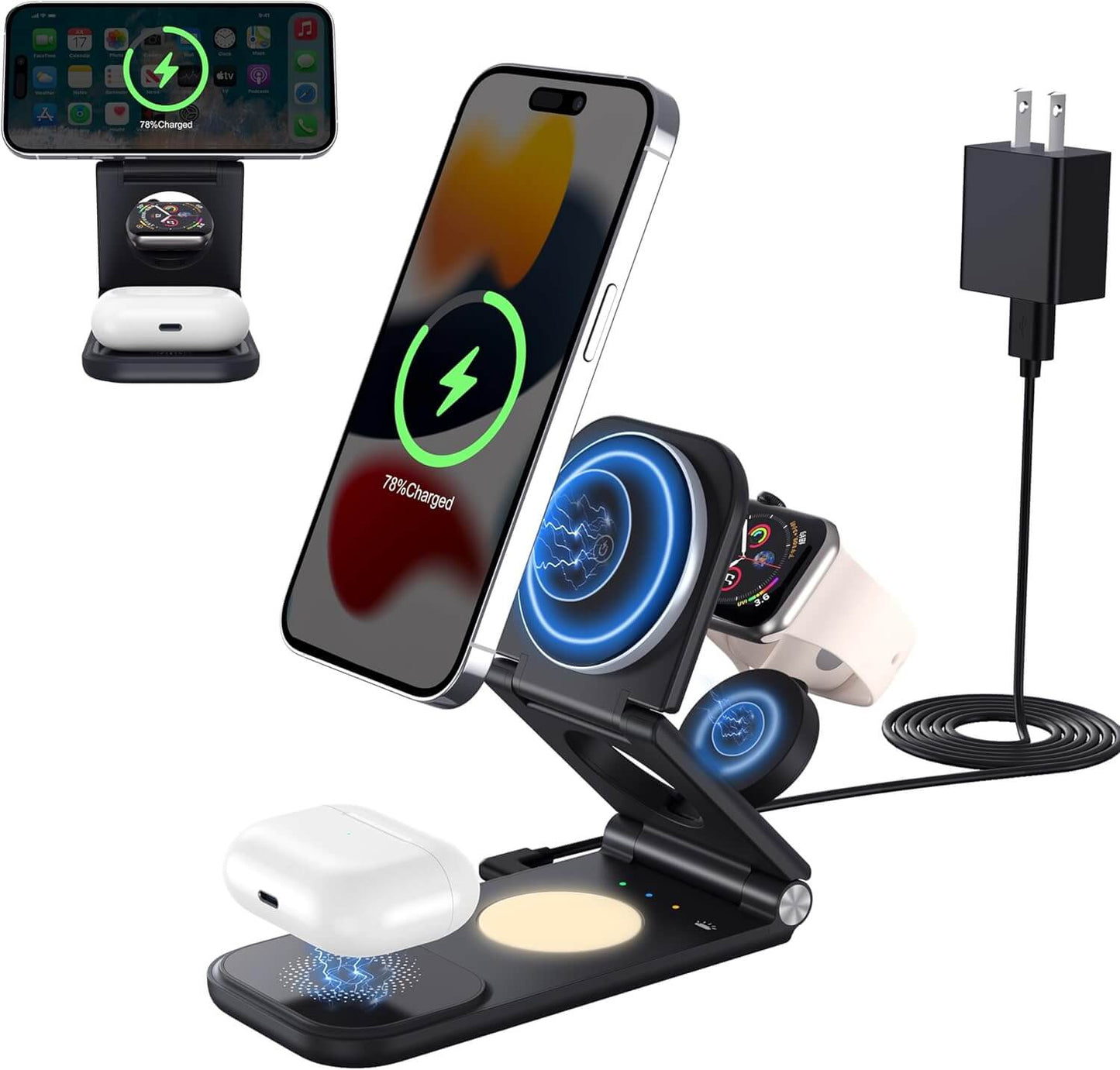 CHESONA 3-in-1 Wireless Charging Station, 18W Foldable Fast Magnetic Charger Stand