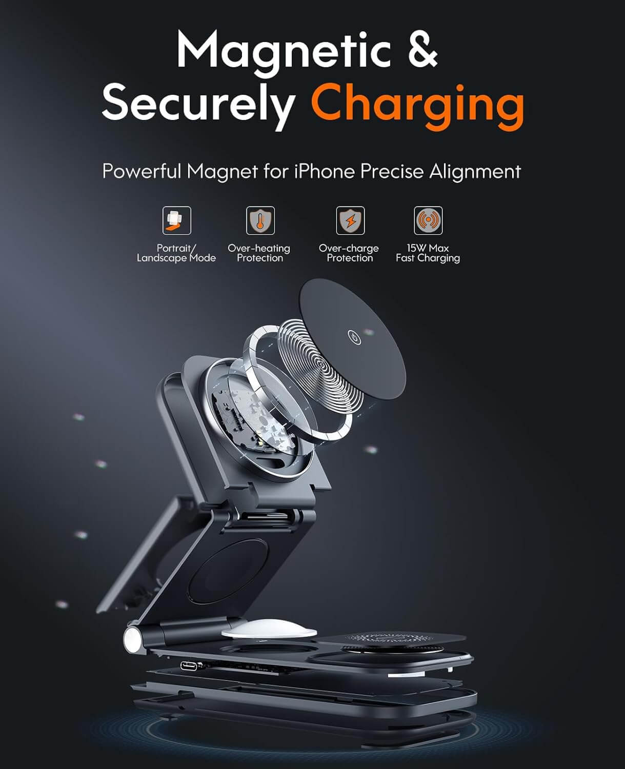 CHESONA 3-in-1 Wireless Charging Station, 18W Foldable Fast Magnetic Charger Stand