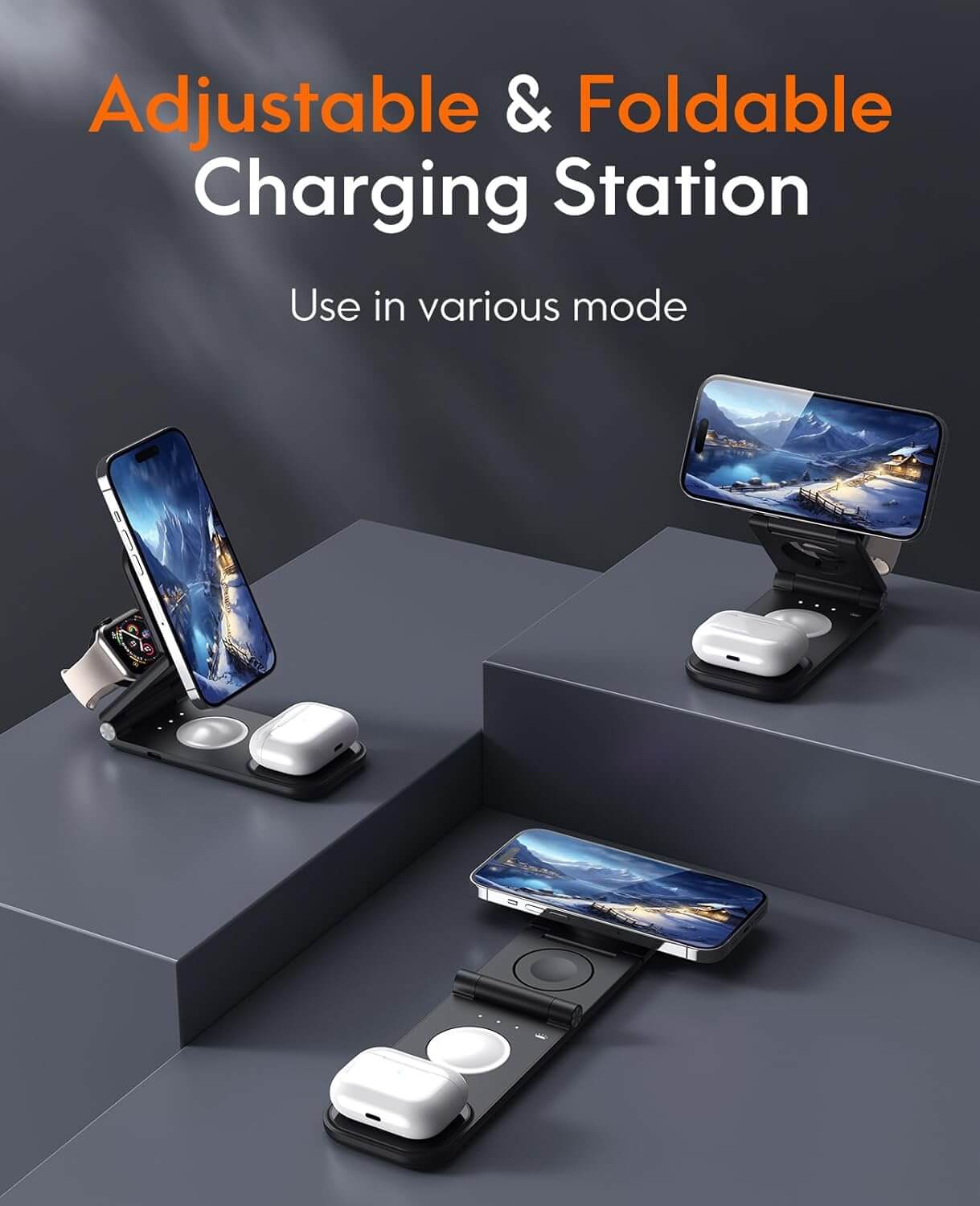 CHESONA 3-in-1 Wireless Charging Station, 18W Foldable Fast Magnetic Charger Stand