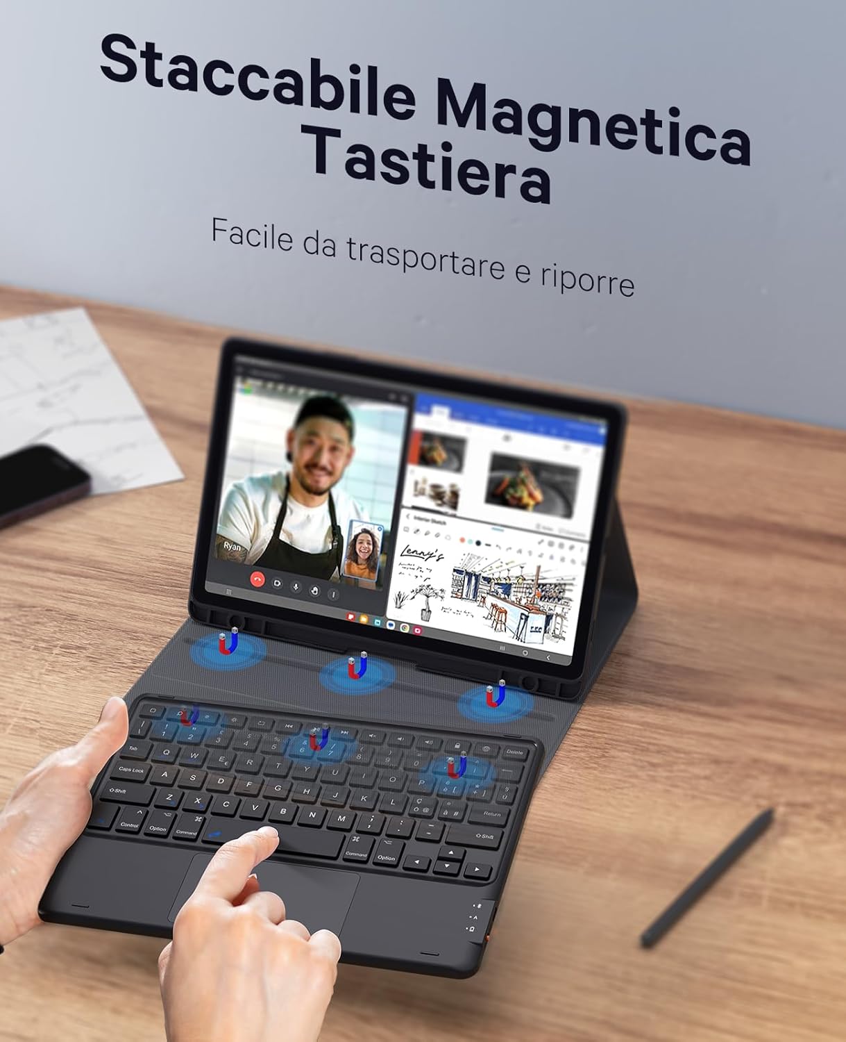 Chesona Tastiera Samsung Tab S9 FE 10.9” /Tab S9 11”, Intelligente Touchpad, Supporto per S-Pen, 2 Canali BT, Staccabile Magnetica Tastiera per Samsung Galaxy Tab S9/S9 FE, 2 Canali BT, Nero