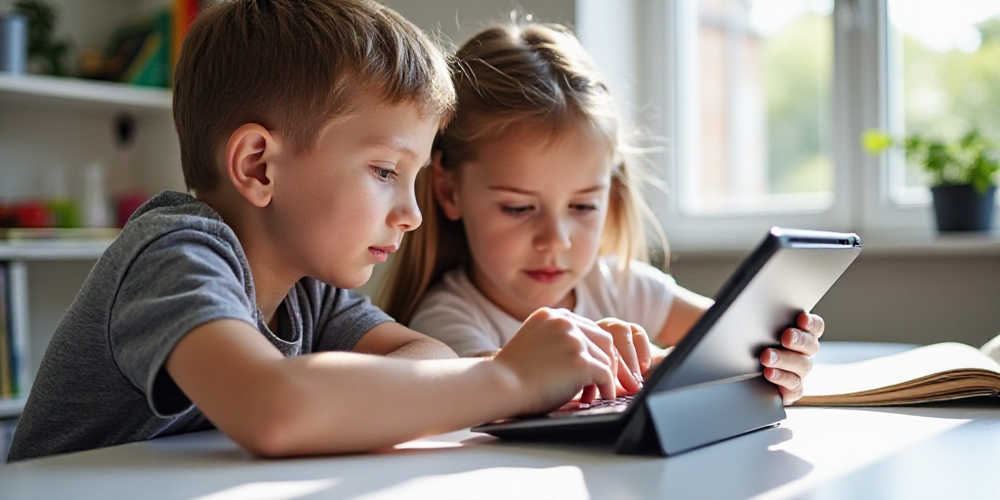 Two children are studying and using tablet computers together.