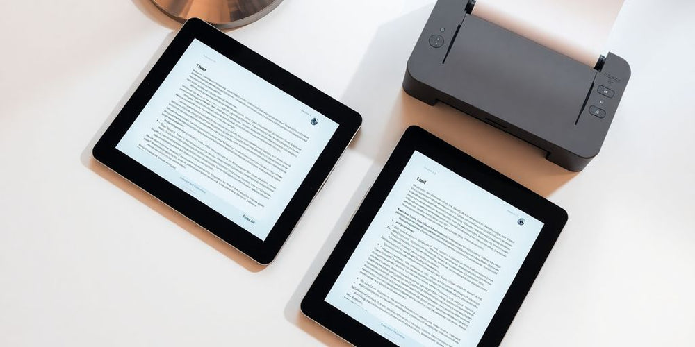 iPad, printer, and paper on a clean desk.