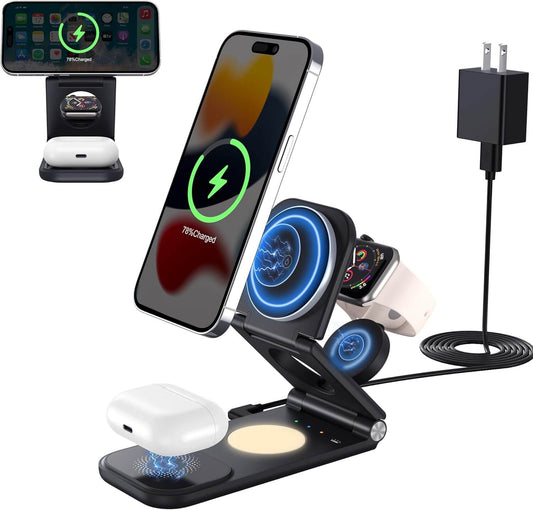 CHESONA 3-in-1 Wireless Charging Station, 18W Foldable Fast Magnetic Charger Stand