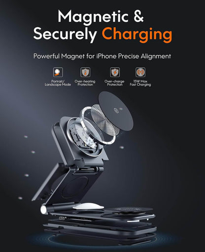 CHESONA 3-in-1 Wireless Charging Station, 18W Foldable Fast Magnetic Charger Stand