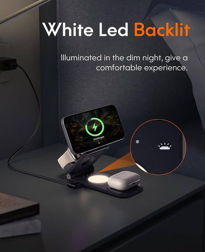 CHESONA 3-in-1 Wireless Charging Station, 18W Foldable Fast Magnetic Charger Stand