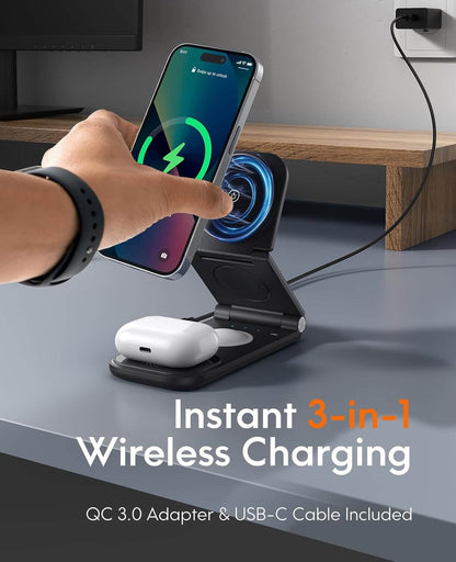 CHESONA 3-in-1 Wireless Charging Station, 18W Foldable Fast Magnetic Charger Stand