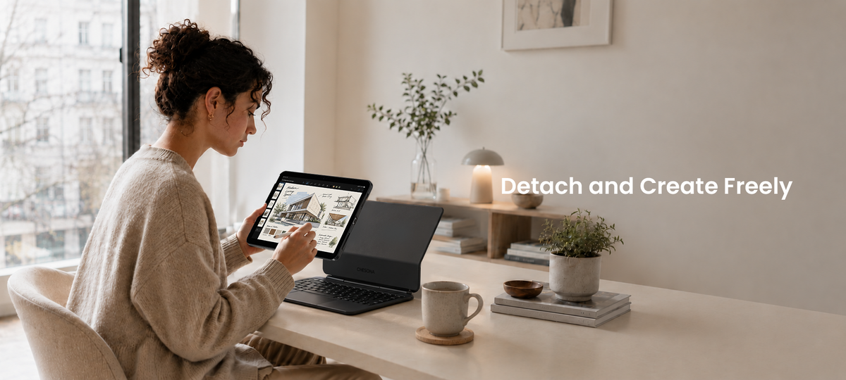 Woman sketching on an iPad in its protective case, detached from the CHESONA Cloud X keyboard and backplate on the desk.