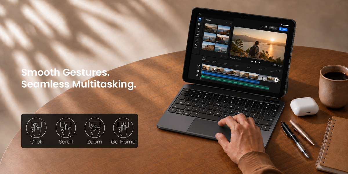 Hand using the CHESONA Cloud X trackpad to edit video on an iPad, with icons for click, scroll, zoom, and go home gestures.