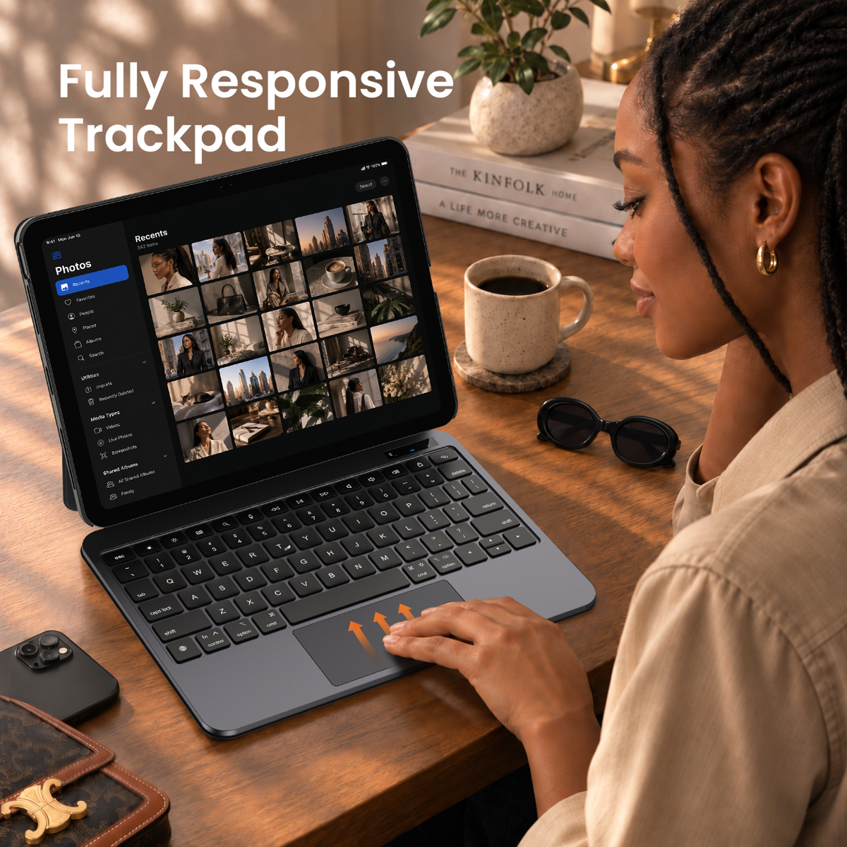 Woman using an upward swipe gesture on the CHESONA Cloud X trackpad while browsing photos on an iPad.