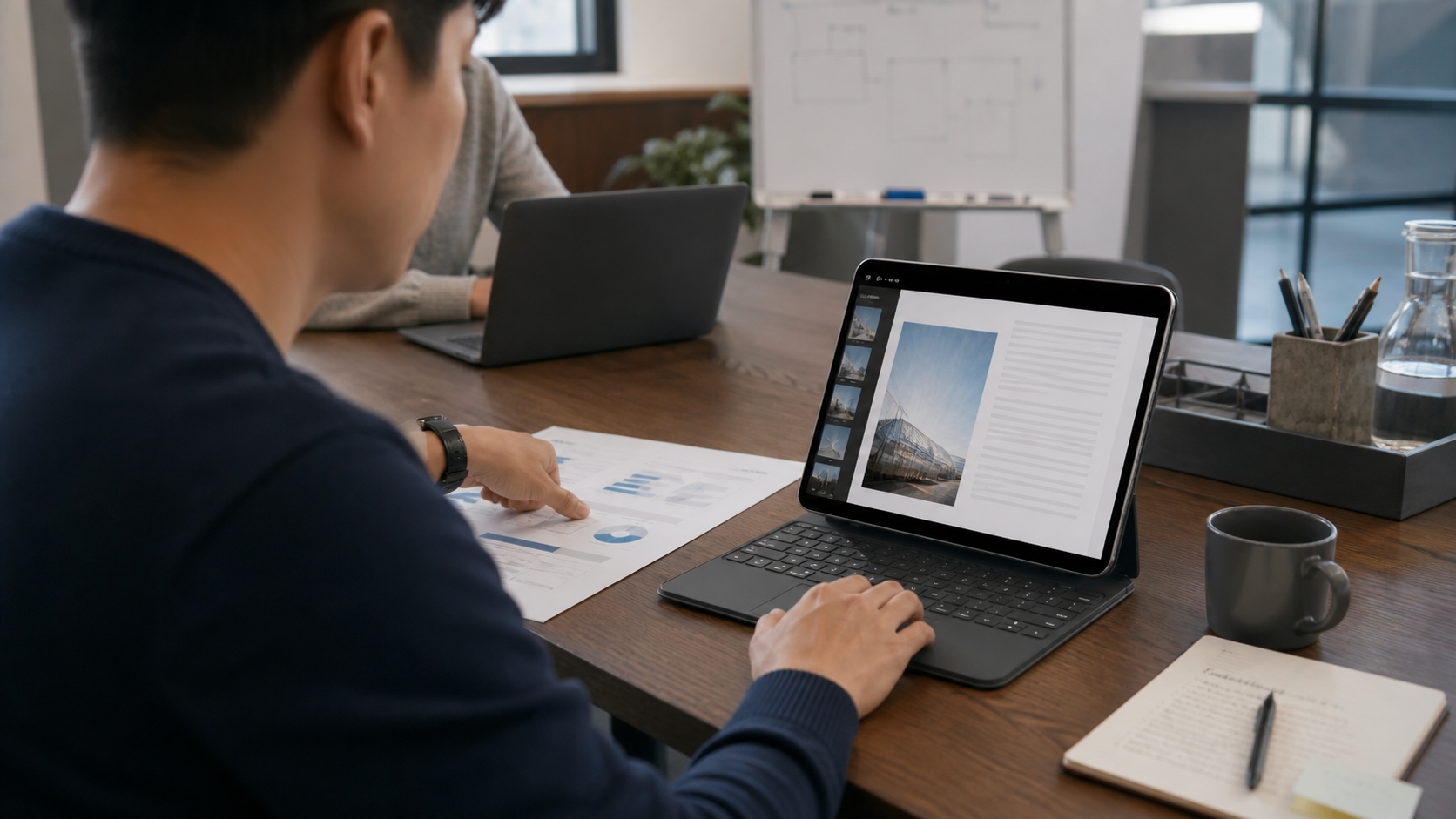 Knowledge worker reviewing documents with an iPad keyboard case in a meeting room