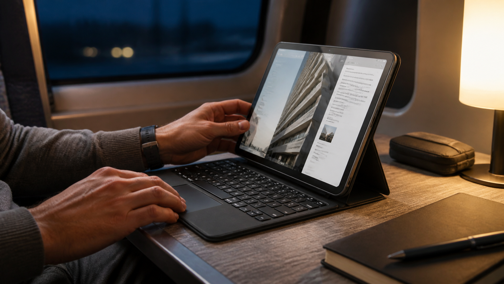 iPad keyboard case used on a compact travel table with trackpad and stand visible