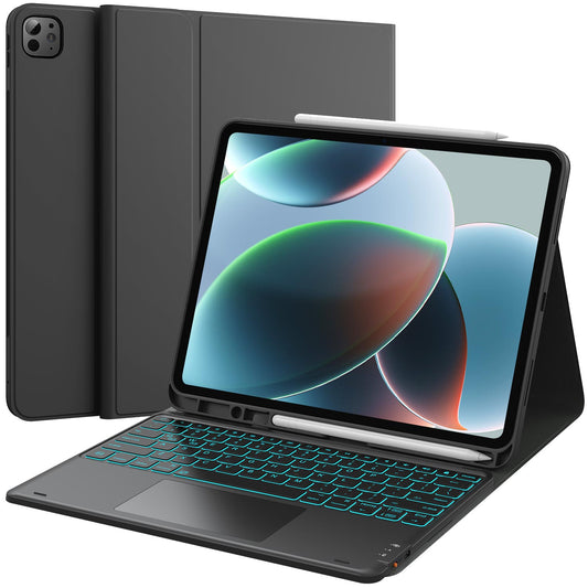 CHESONA Case with Keyboard, Semi-Silicone Material Stain-Resistant Cover, 7 Color Backlit, Smart Trackpad, Detachable Keyboard Case