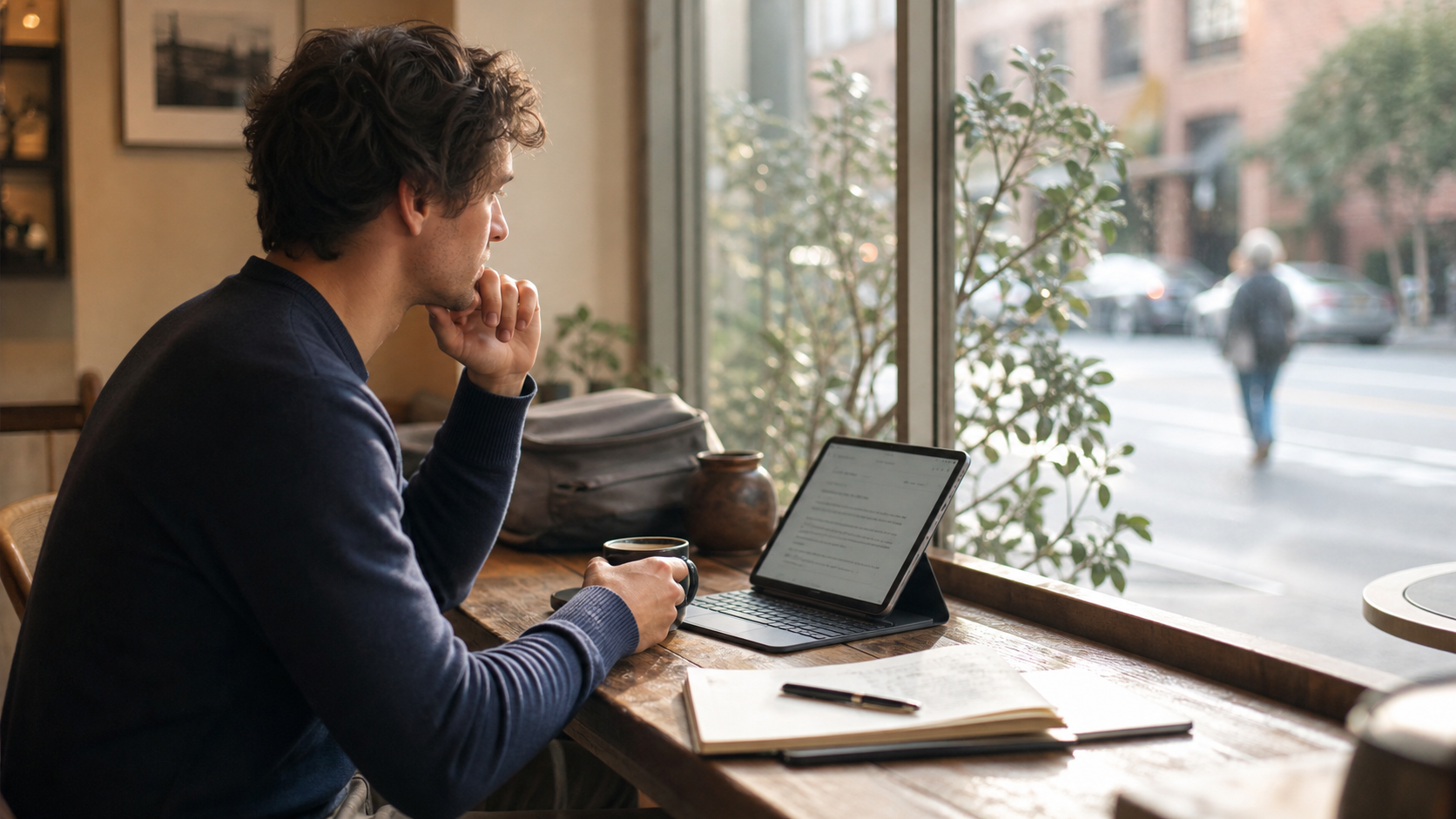Writer using an iPad keyboard case at a coffee shop window seat