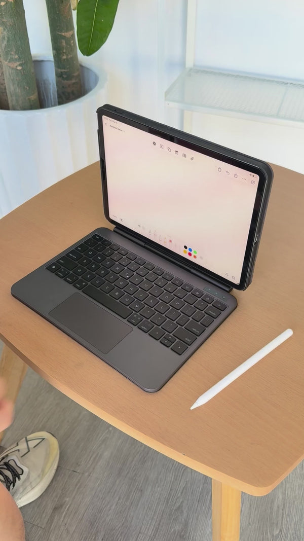 An iPad with its protective case detaches from the CHESONA Cloud X black keyboard case for writing and drawing, then reattaches to demonstrate viewing angle adjustment up to 135 degrees.