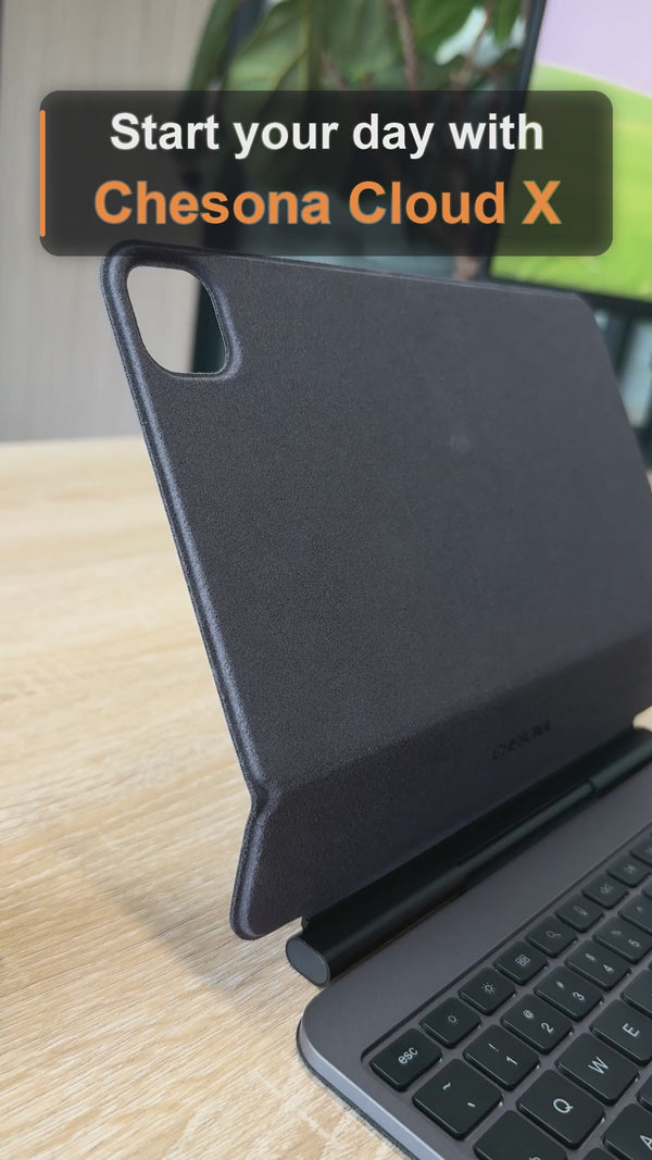 CHESONA Cloud X black iPad keyboard case demonstration featuring typing, multi-touch trackpad gestures, a detachable protective case, Apple Pencil use, and lightweight portability.