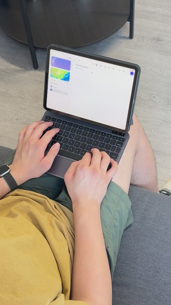 Typing and multi-touch trackpad demonstration on the CHESONA Cloud X black iPad keyboard case, including seven-color keyboard backlighting and brightness adjustment using shortcut keys.