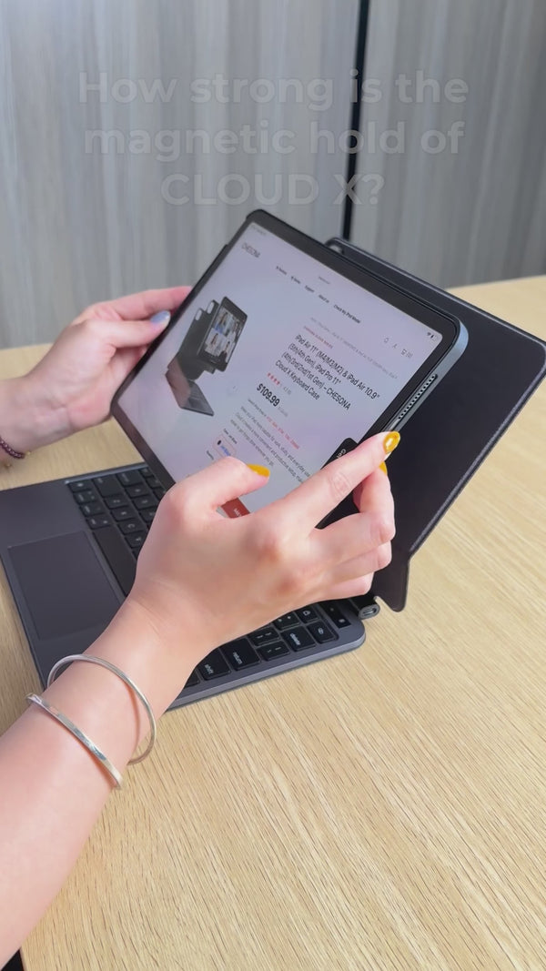 CHESONA Cloud X magnetic attachment demonstration showing the iPad staying connected to the keyboard during shaking and repositioning.