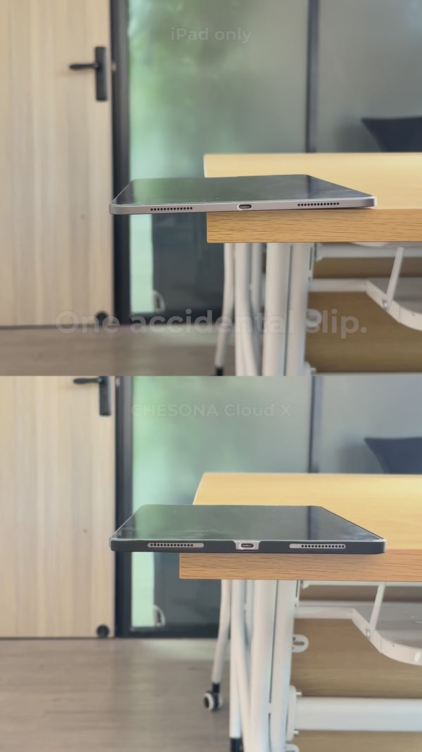 Drop comparison showing an iPad without a case and an iPad fitted with the CHESONA Cloud X detachable protective case.