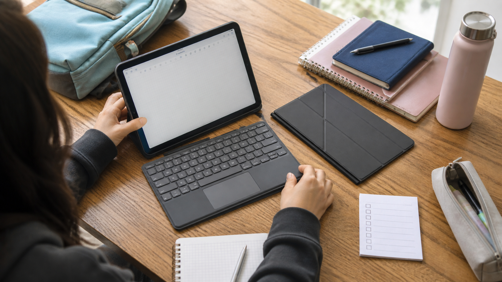 Student comparing iPad study setup options with Chesona Step keyboard case on a desk
