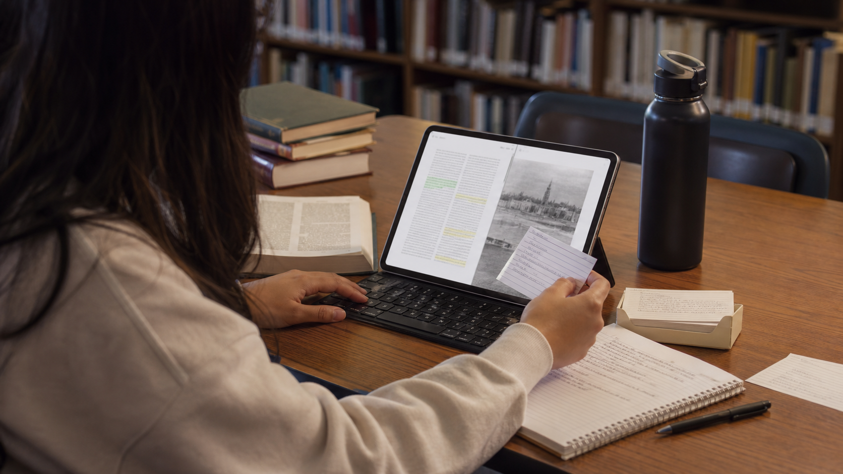 Student using Chesona Step keyboard case with iPad for library research and notes