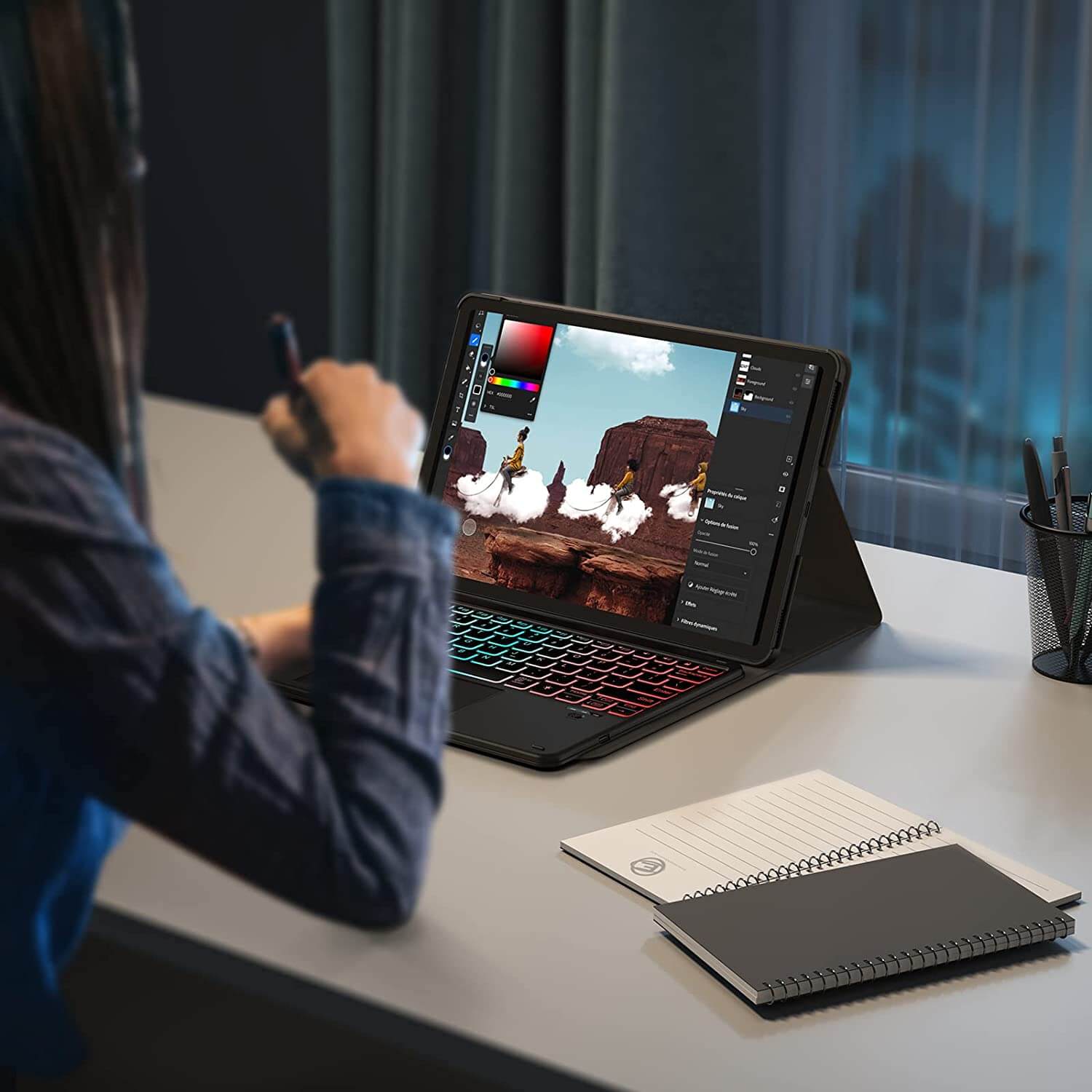 Woman_use_enlightener1_duet_keyboard_and_galaxy_tab_s9_to_create